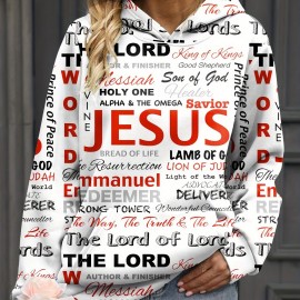 Jesus Letter Print Hoodies, Casual Kangaroo Pocket Long Sleeve Sweatshirt, Women's Clothing