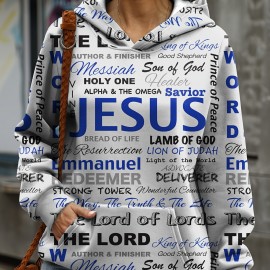 Jesus Letter Print Hoodies, Casual Kangaroo Pocket Long Sleeve Sweatshirt, Women's Clothing