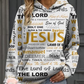 Jesus Letter Print Hoodies, Casual Kangaroo Pocket Long Sleeve Sweatshirt, Women's Clothing