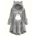 Cat & Letter Print Button Decor Teddy Hoodie, Casual Long Sleeve Kangaroo Pocket Hoodie Sweatshirt, Women's Clothing