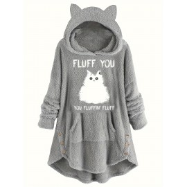 Cat & Letter Print Button Decor Teddy Hoodie, Casual Long Sleeve Kangaroo Pocket Hoodie Sweatshirt, Women's Clothing