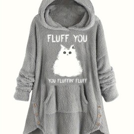 Cat & Letter Print Button Decor Teddy Hoodie, Casual Long Sleeve Kangaroo Pocket Hoodie Sweatshirt, Women's Clothing