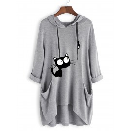 Cat Print Dual Pockets Drawstring Hoodie, Casual Long Sleeve Hoodies Sweatshirt, Women's Clothing