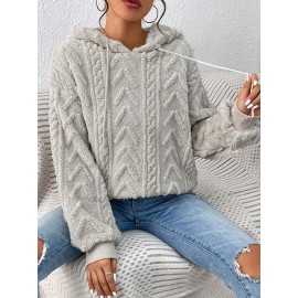 Drawstring Teddy Hoodies, Casual Long Sleeve Solid Sweatshirt, Women's Clothing