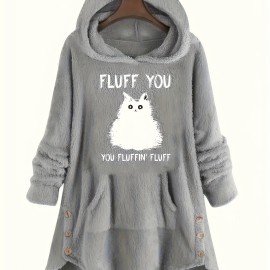 Cute Cat Print Thermal Hoodie, Casual Kangaroo Pocket Long Sleeve Hoodies Sweatshirt, Women's Clothing