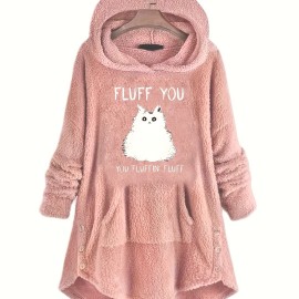 Cute Cat Print Thermal Hoodie, Casual Kangaroo Pocket Long Sleeve Hoodies Sweatshirt, Women's Clothing