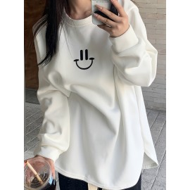 Smile Face Print Pullover Sweatshirt, Casual Long Sleeve Crew Neck Sweatshirt For Fall & Winter, Women's Clothing