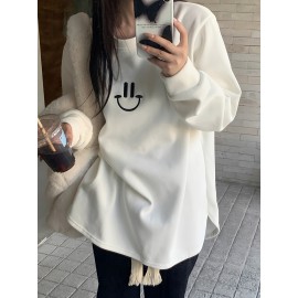 Smile Face Print Pullover Sweatshirt, Casual Long Sleeve Crew Neck Sweatshirt For Fall & Winter, Women's Clothing