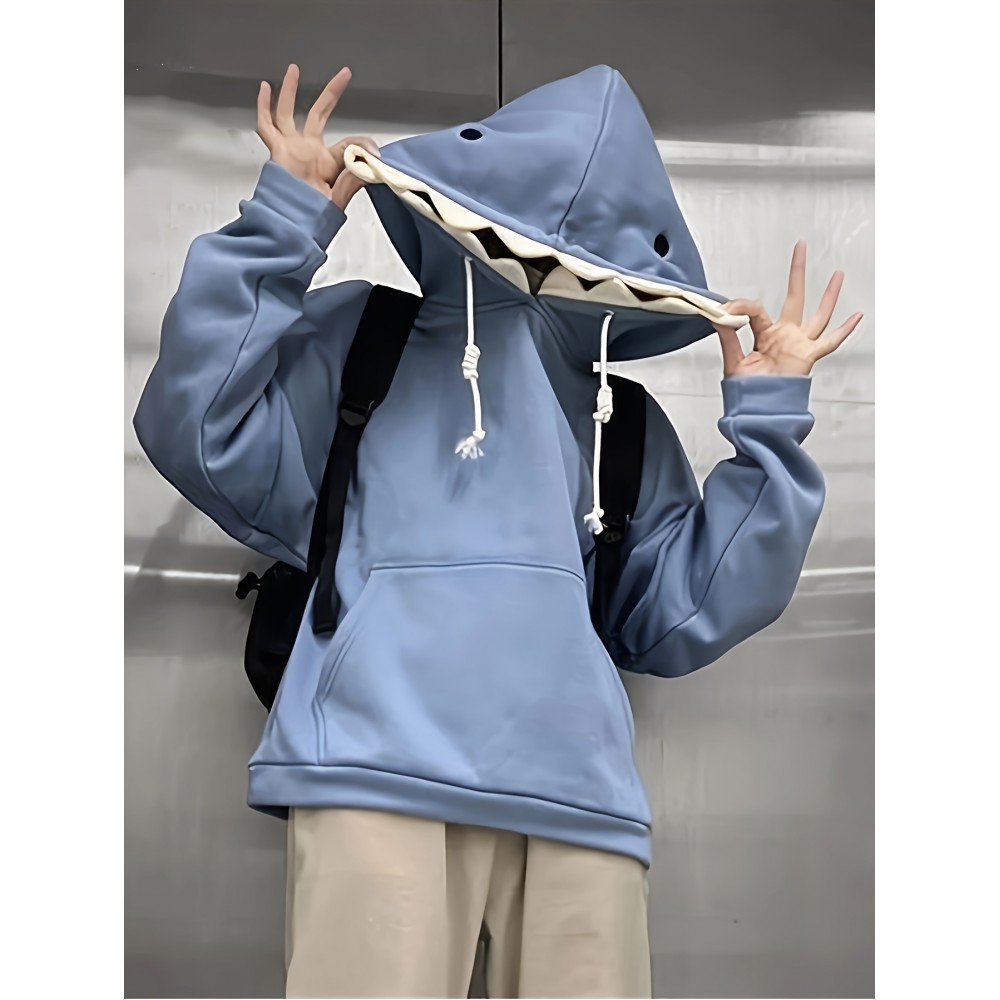 Shark Print Drawstring Hoodie, Casual Long Sleeve Kangaroo Pocket Hoodie Sweatshirt, Women's Clothing