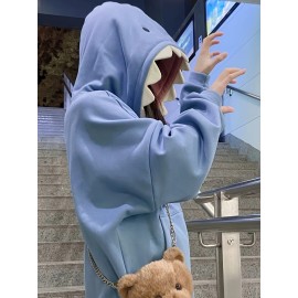 Shark Print Drawstring Hoodie, Casual Long Sleeve Kangaroo Pocket Hoodie Sweatshirt, Women's Clothing