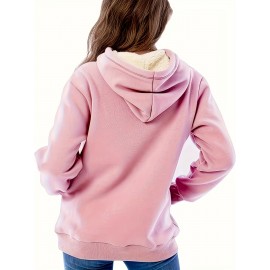 Solid Fleece Drawstring Hoodie, Casual Long Sleeve Warm Sweatshirt For Fall & Winter, Women's Clothing