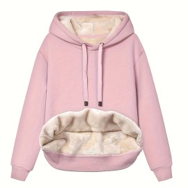 Solid Fleece Drawstring Hoodie, Casual Long Sleeve Warm Sweatshirt For Fall & Winter, Women's Clothing