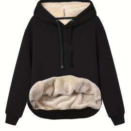 Solid Fleece Drawstring Hoodie, Casual Long Sleeve Warm Sweatshirt For Fall & Winter, Women's Clothing