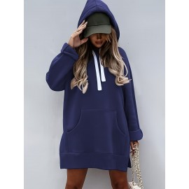 Solid Kangaroo Pocket Long Length Hoodie, Casual Long Sleeve Drawstring Hoodies Sweatshirt, Women's Clothing