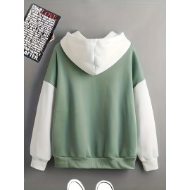 Color Block Simple Hoodies, Casual Drawstring Long Sleeve Kangaroo Pocket Sweatshirt, Women's Clothing