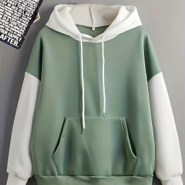 Color Block Simple Hoodies, Casual Drawstring Long Sleeve Kangaroo Pocket Sweatshirt, Women's Clothing