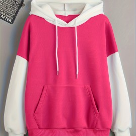 Color Block Simple Hoodies, Casual Drawstring Long Sleeve Kangaroo Pocket Sweatshirt, Women's Clothing