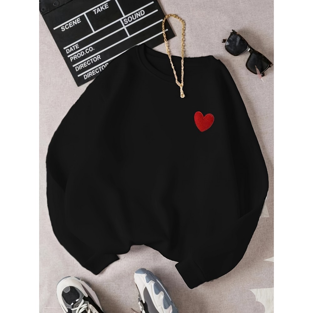 Heart Pattern Pullover Sweatshirt, Casual Long Sleeve Crew Neck Sweatshirt For Fall & Winter, Women's Clothing