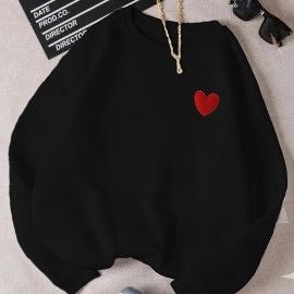 Heart Pattern Pullover Sweatshirt, Casual Long Sleeve Crew Neck Sweatshirt For Fall & Winter, Women's Clothing