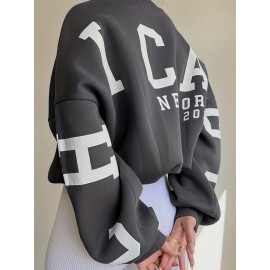 Women Oversized Thermal Letter Graphic Print Sweatshirt Aesthetic Crew Neck Long Sleeve Drop Shoulder Pullover