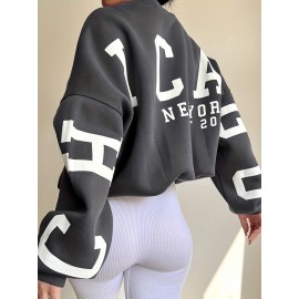 Women Oversized Thermal Letter Graphic Print Sweatshirt Aesthetic Crew Neck Long Sleeve Drop Shoulder Pullover