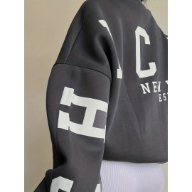 Women Oversized Thermal Letter Graphic Print Sweatshirt Aesthetic Crew Neck Long Sleeve Drop Shoulder Pullover