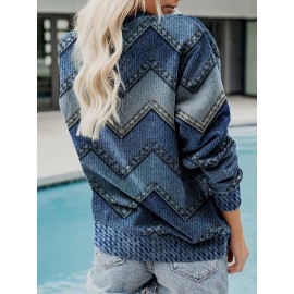 Denim Print Pullover Sweatshirt, Casual Long Sleeve Crew Neck Sweatshirt For Fall & Winter, Women's Clothing