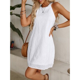 Keyhole Solid Dress, Casual Crew Neck Sleeveless Dress, Women's Clothing