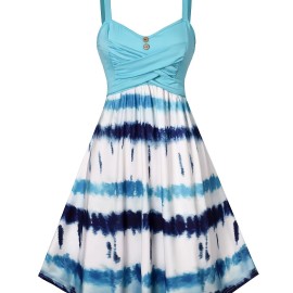 Tie Dye Criss Cross Dress, Casual Sleeveless Ruffle Dress, Women's Clothing