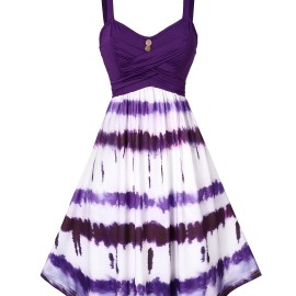 Tie Dye Criss Cross Dress, Casual Sleeveless Ruffle Dress, Women's Clothing