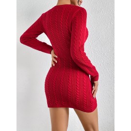 Cut Out Cable Knit Sweater Dress, Sexy Long Sleeve Bodycon Dress, Women's Clothing