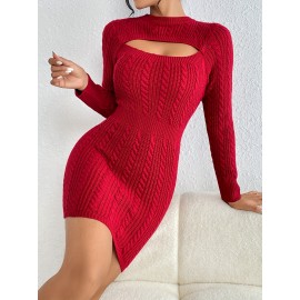 Cut Out Cable Knit Sweater Dress, Sexy Long Sleeve Bodycon Dress, Women's Clothing