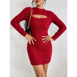 Cut Out Cable Knit Sweater Dress, Sexy Long Sleeve Bodycon Dress, Women's Clothing