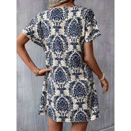 Mandala Print Short Sleeve Dress, Casual Notch Neck Dress For Spring & Summer, Women's Clothing