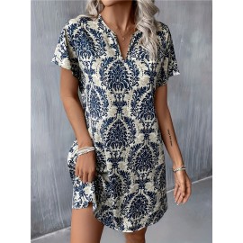 Mandala Print Short Sleeve Dress, Casual Notch Neck Dress For Spring & Summer, Women's Clothing