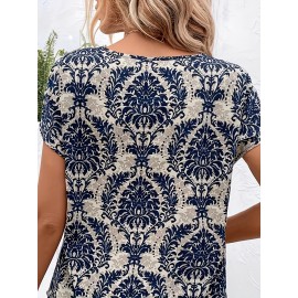 Mandala Print Short Sleeve Dress, Casual Notch Neck Dress For Spring & Summer, Women's Clothing