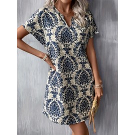 Mandala Print Short Sleeve Dress, Casual Notch Neck Dress For Spring & Summer, Women's Clothing