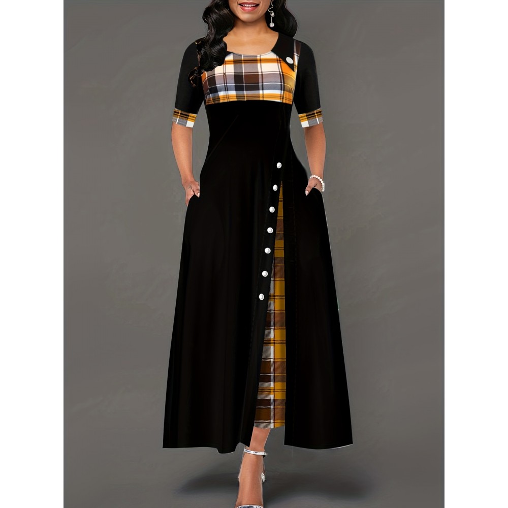 Plaid Print Splicing Dress, Casual Crew Neck Short Sleeve Maxi Dress, Women's Clothing