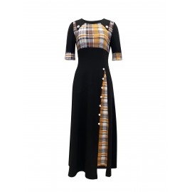 Plaid Print Splicing Dress, Casual Crew Neck Short Sleeve Maxi Dress, Women's Clothing