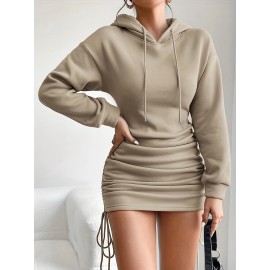 Drawstring Hooded Dress, Casual Long Sleeve Bodycon Dress, Women's Clothing