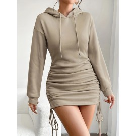 Drawstring Hooded Dress, Casual Long Sleeve Bodycon Dress, Women's Clothing