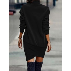 Solid Turtle Neck Dress, Elegant Long Sleeve Cross Hem Dress, Women's Clothing