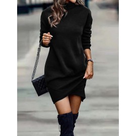 Solid Turtle Neck Dress, Elegant Long Sleeve Cross Hem Dress, Women's Clothing