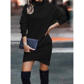 Solid Turtle Neck Dress, Elegant Long Sleeve Cross Hem Dress, Women's Clothing