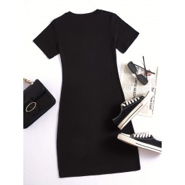 Letter Print Bodycon Tee Dress, Casual Crew Neck Short Sleeve Dress, Women's Clothing