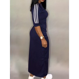 Striped Print Maxi Dress, Casual Crew Neck Dress For Spring & Summer, Women's Clothing