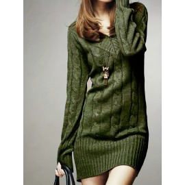 V Neck Cable Knitted Dress, Casual Long Sleeve Bodycon Dress For Fall & Winter, Women's Clothing