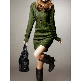 V Neck Cable Knitted Dress, Casual Long Sleeve Bodycon Dress For Fall & Winter, Women's Clothing