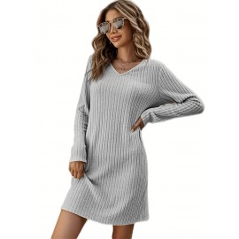 Solid V Neck Dress, Casual Long Sleeve Dress For Spring & Fall, Women's Clothing