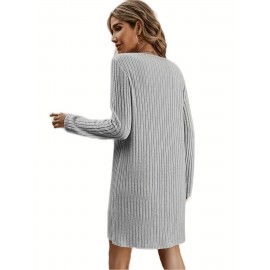 Solid V Neck Dress, Casual Long Sleeve Dress For Spring & Fall, Women's Clothing